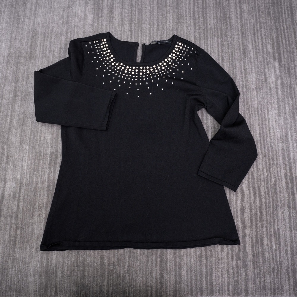 White House Black Market Top Womens L Embellished Black 3/4 Sleeve Good